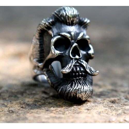 Unique Gentleman Big Bearded Skull Ring Fashion Street Style Stainless Steel Mens Biker Skull Ring Heavy Metal Punk Rock Jewelry