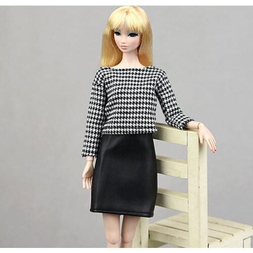 Vintage Clothes Set For Barbie Dolls Houndstooth Plaided Tops & Black Leather Skirt For Barbie 1/6 Doll Accessories Kids DIY Toy