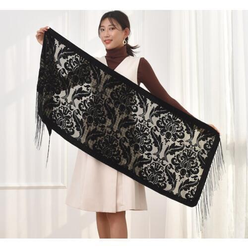 2018 New Black Floral Print Long Scarf Brand Women Winter Scarf Velvet Shawl Poncho Fashion Gift For Lovers Free Shipping