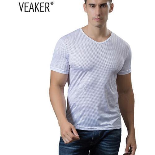 2019 New Mens Short Sleeve Hollow Out T Shirt Male Sexy Transparent Mesh T-shirts Summer Casual Fitness Tee Tops Plus Size 4XL