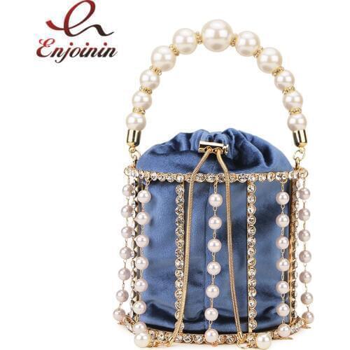 New Rhinestone Evening Pearl Clutch Bag Women Purses and Handbags Luxury Handmade Diamond Beaded Bucket Bridal Wedding Party Bag