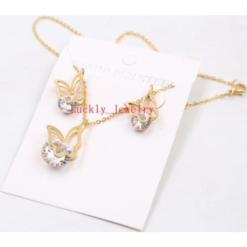 One Set Jewlery Stainless Steel White Crystals Drill butterfly Necklace Pendant & Studs Earring Gold IN Women Jewelry Set