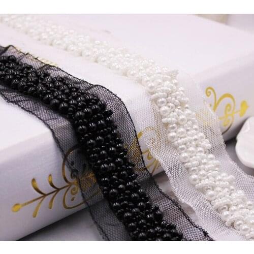 Plastic pearl beads stitched mesh lace 4cm clothes collar bridal party dress decoration trimming ribbon tape DIY zakka handmade