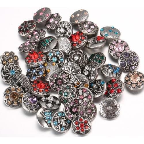 10pcs/lot Wholsale Snap Button Jewelry Rhinestone Metal Glass 12mm 18mm Flower Buttons Fit Leather Silver color Snap Bracelet