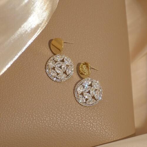 Luxury Temperament Shine CZ Round Earring for Women Charm 14K Real Gold Bling Zircon Stud Earring Brincos Wedding Jewelry Gift