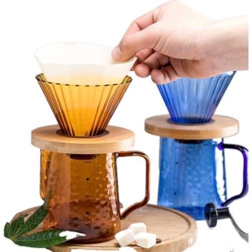 Glass Coffee Funnel Dripper Wooden V60 Brackets Filter Reusable Filters