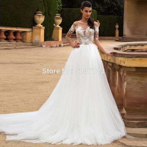 A Line Wedding Dresses Long Sleeves Off the Shoulder Lace Appliques Robe De Mariee Illusion Court Train Vestido De Noiva