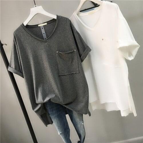 Loose Solid Women T-Shirts Summer New Design 2020 V-Neck Pocket Long Casual All Match Female Pulls Outwear Coat Tops Tees