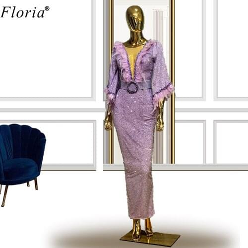 Middle East Purple Prom Dresses Glitter Muslim Vestidos Elegantes Ankle-Length Evening Dresses Women Party Night Wedding Party