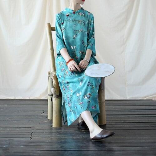 Vintage Cheongsam Design Butterfly Flower Tree Print Cotton Linen Dress, Summer Half Sleeve Sides Opening Retro Traditional Robe