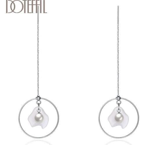 DOTEFFIL 925 Sterling Silver Pearl Hanging White/Pink/Purple Earrings Charm Women Jewelry Fashion Wedding Engagement Party Gift