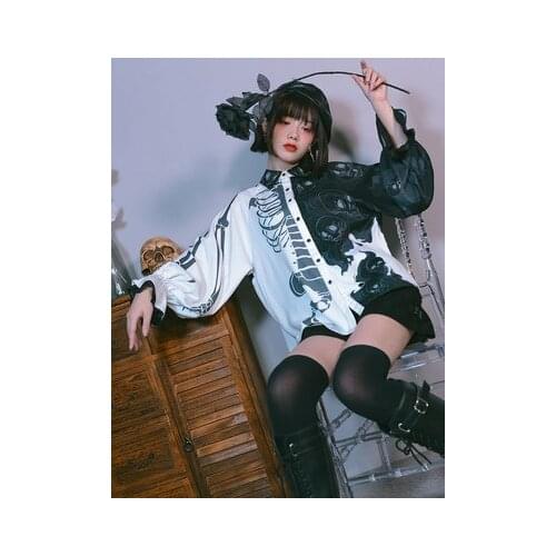 Spring Autumn Women Harajuku Gothic Asymmetric Skull Print Lantern Sleeve Blouse Streetwear Vintage Punk Cool Girl Blouse New
