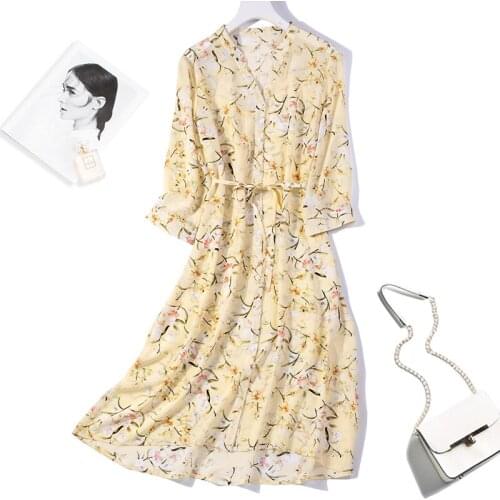 Womens 100% Pure Silk V neck half sleeve Long Midi Dress Fashion Yellow print belted waist L XL JT019