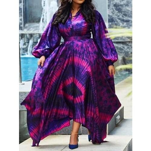 RMSFE 2021 Womens Long Sleeve Print Loose Size High Waist Temperament Commuting Bubble Sleeve Purple Dress