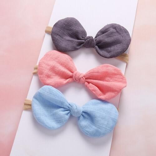 20 pcs/lot Linen Fabric Bow Nylon Headbands Elastic Nylon Headband For Children Wholesale Headwear Baby Girl Hair Accessories