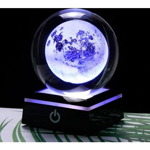 3D Moon Crystal Ball LED Base Laser Engraved Glass Globe Home Decoration Crystal Craft Sphere Ornament 8cm