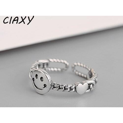 CIAXY 925 Sterling Silver Retro Hollow Smile Rings Female Personality Sweet Open Ring Vintage Thai Silver Party Gifts Jewelry