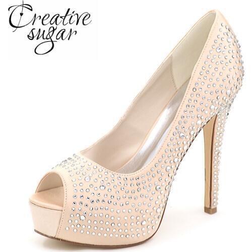 Creativesugar Lady platform high heel rhinestone diamond bridal wedding party banquet evening dress shoes open toe champagne