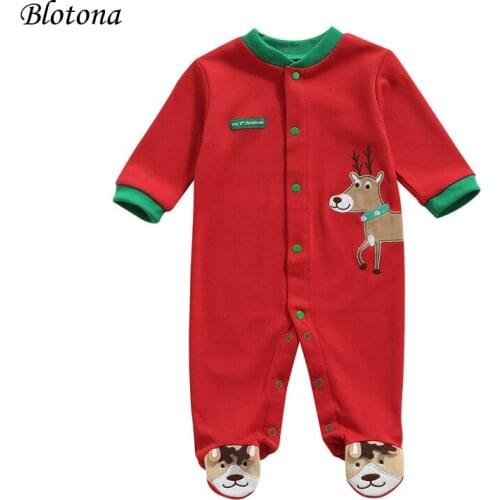 Blotona Baby Christmas Footed Romper Pajamas, Cute Deer Pattern Long Sleeve Single-breasted Footies Jumpsuit, 3-12Months