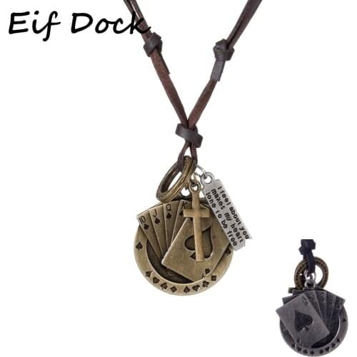 Eif Dock Vintage Mens Leather Rope Necklace Playing Cards Raja Vegas Charm Male Cross Jewelry Women Punk Motorcycle Jewelry