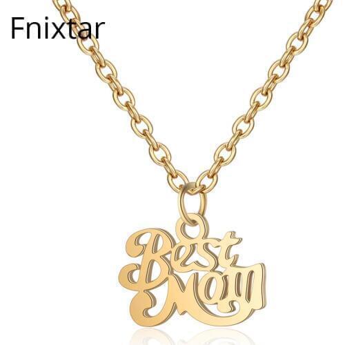 Fnixtar Gold Color Stainless Steel Best Mom Letter Charms Pendant Necklaces for Women Mothers Day Gift Wholesale 5pcs/lot