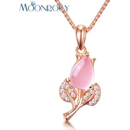 MOONROCY Rose Gold Color Pink Opal Necklace CZ Crystal Pendant Choker Ross Quartz Necklace for Women Girls Gift Drop Shipping