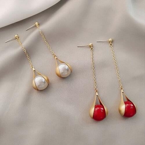 Korean Version of The New Net Red French Metal Matte Pearl Tassel Earrings Temperament Long Tassel Earrings