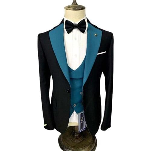 New Costume Slim Fit Men Suits Slim Fit Business Suits Groom sky blue Tuxedos for Formal Wedding Suits Jacket Pant Vest 3 Pieces