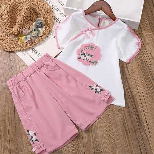 Summer Girls New Short-Sleeved Suit Female Baby Retro Outfit Super Fairy Childrens Childrens National Style Two-Piece Suit