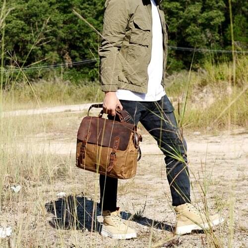 Oil Wax Canvas with Crazy Horse Leather Briefcase Handbag American Retro Mens Shoulder Messenger Bag