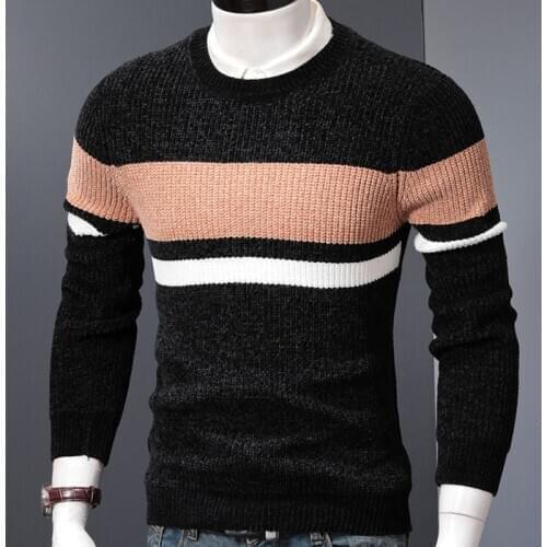 Fashion Thick Sweater Men Winter Striped Knitted Pullover Contrast Design O-Neck Oversized Jersey