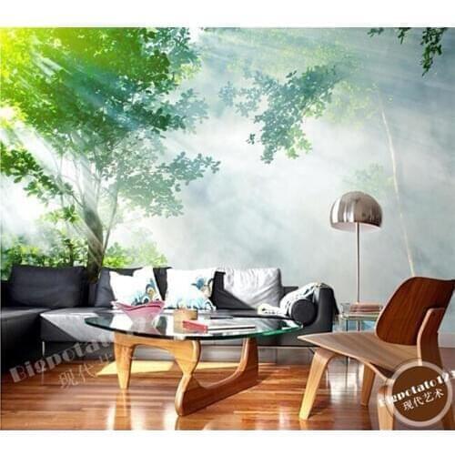 Custom 3D large mural,green forest landscape photography under the sun exposure,living room TV wall bedroom wallpaper