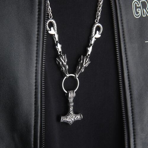 Dropshipping stainless steel thors hammer mjolnir pendant necklace viking dragon necklace Men gift