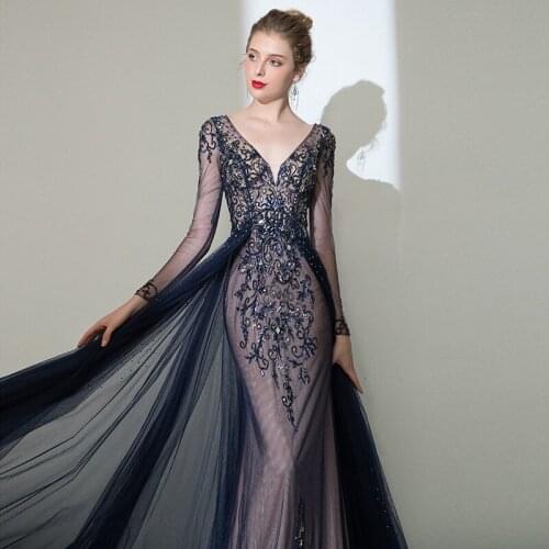 Sexy Deep V-Neck Backless Long Evening Prom Dresses 2021 New Design Crystal Beaded Sleeveless Party Gown