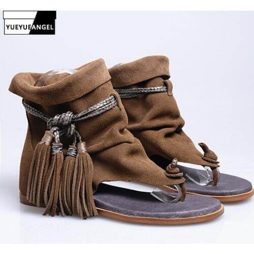 Spring Summer Ladies Tassel Cow Suede Sandals Casual Flat Wedge Gladiator Sandals Fashion Bandage Sandals Shoes Plus Size 41