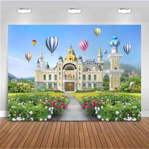 Fairy Tale European Castle Photography Backdrops Fancy Blooming Flowers Hot Air Balloon Blue Sky Birthday Party Decor Background
