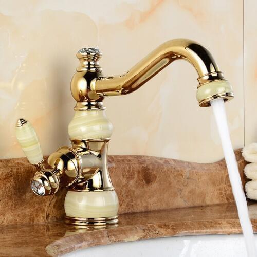 Basin Faucets Brass Torneira Cozinha Jade Body with Marble Basin Faucet Single Handle Gold Finish Basin Sink Mixers Taps U-27