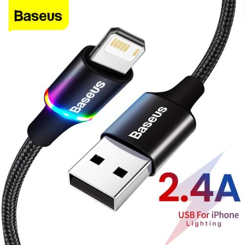 Baseus LED USB Cable For iPhone 12 11 Pro Xs Max X Xr 8 7 6 6S Fast Charging Charger Mobile Phone Data Cable For iPad Wire Cord
