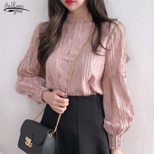 2021 Autumn Sweet Pink Shirts Puff Sleeve Lace Blouse Women Vintage Spliced Elegant Fashion Women Clothing Chemise Femme 6899
