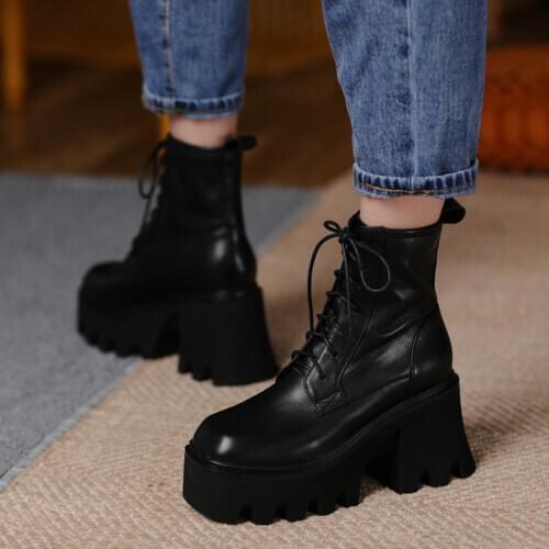 Women Ankle Boots Autumn Winter Warm Genuine Leather High Heels Shoes Woman Platforms Round Toe Sexy Night Club Boots