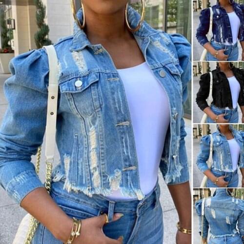 Women Sexy Ripped Denim Crop Jackets Vintage Casual Short Jean Jacket Puff Sleeve Winter Female Coat Streetwear Plus Size 2021
