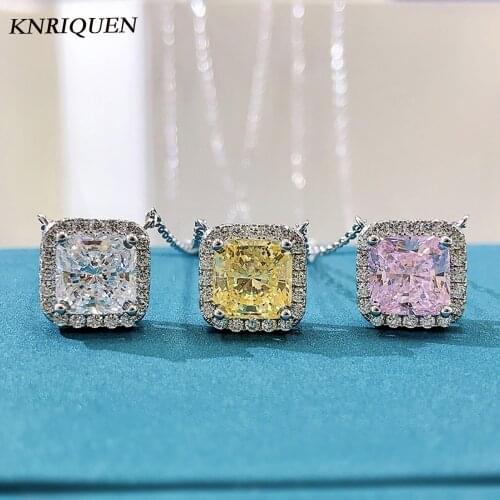 2021 Luxury 925 Sterling Silver 7*7mm Topaz Pink Quartz Lab Diamond Pendant Necklace For Women Party Fine Jewelry Birthday Gift