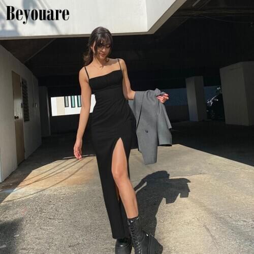 Beyouare Autumn Elegant Casual Women Dress Folds Sling Strapless Slim Skinny MidCalf Dress 2020 Black Fashion Female Split Dress