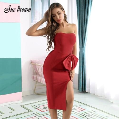 2021 New High Quality Bandage Dress Sexy Red Strapless Bow Bodycon Split Club Party Dress 2021 New Summer Women Vestidos