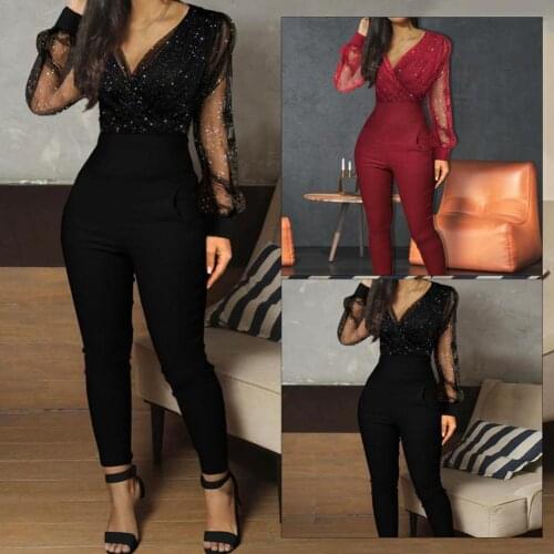 Rompers Womens Jumpsuit Black Elegant Sequins Mesh Glitter Party Night Sexy 2021 Spring Long Pants One Piece Clothes Overalls