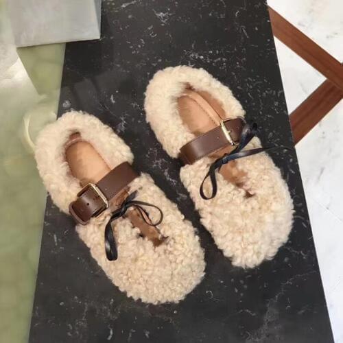 Belt Women Flats Ballet Winter Warm Furry Shoes Woman Brand Loafers Buckle Zapatos De Mujer Runway Chaussure Femme Ladies Shoes