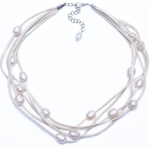 Daking Beige Color Sude leather choker necklace Real Pearl Leather Necklace Genuine Freshwater Pearl Jewelry Bridal Jewelry