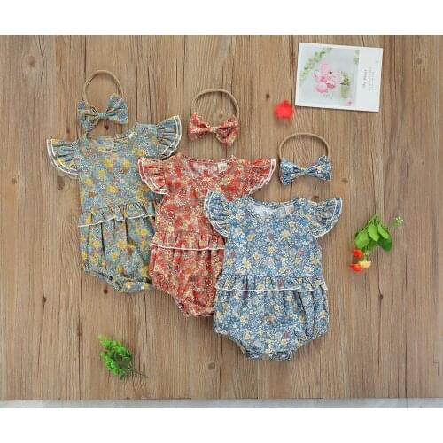 2Pcs Baby Summer Outfit, Floral O-Neck Ruffle Sleeves Romper + Bow Headband for Toddler Girls, 0-18 Months, 3 Colors
