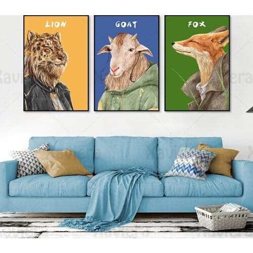 Funny Animals Canvas Print Painting Lion Fox Goat Portrait Nordic Decor Painting Vintage Home Mural Living Room Wall Art Poster