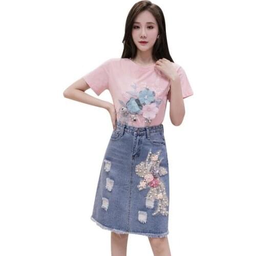 Summer Set Bead Embroidery Flower Short Sleeve Cotton T-Shirt Jeans Skirt Two Piece Set Female Tee Tops Denim Skirt Suit Outfits